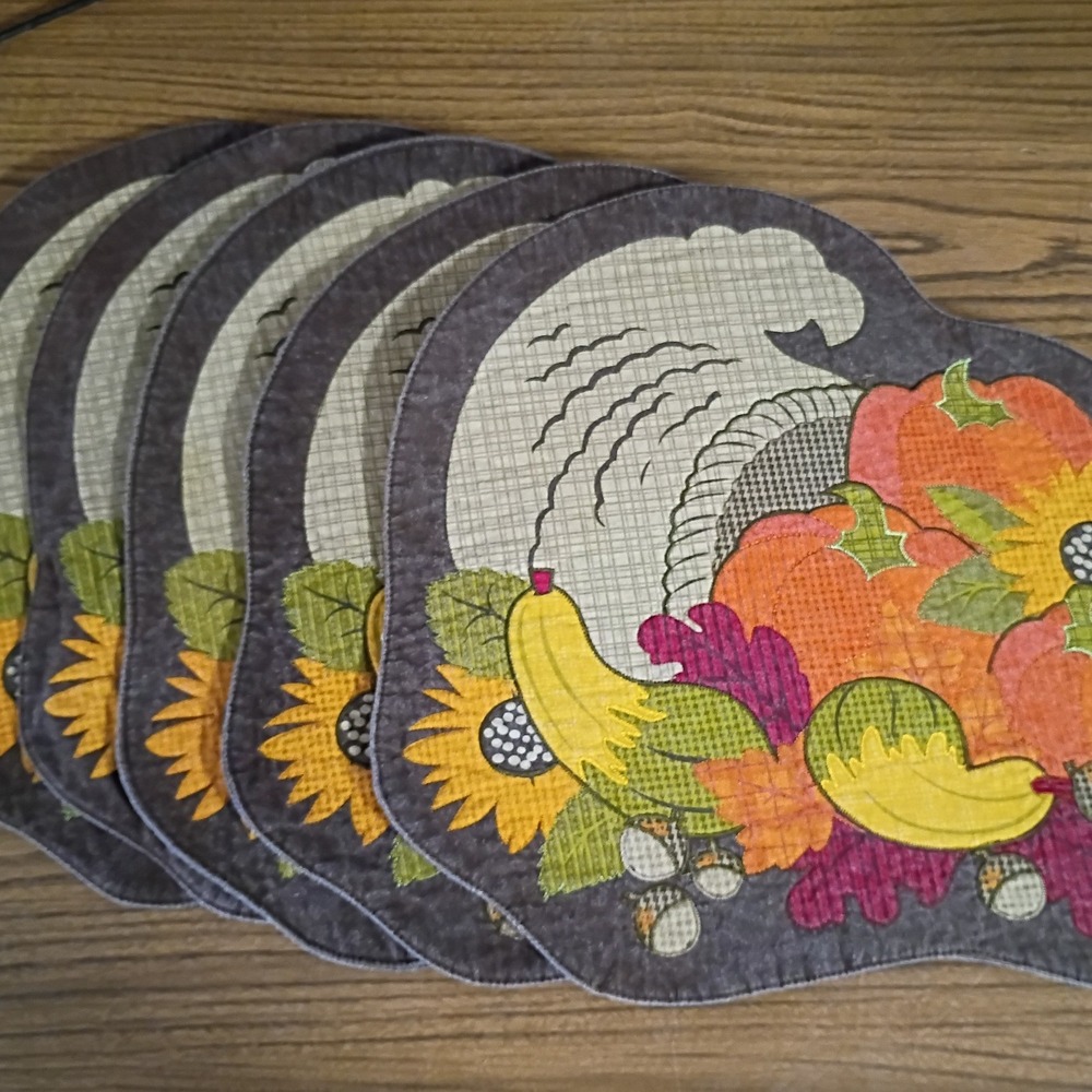 Set of 5 Quilted Thanksgiving Cornucopia Placemats Autumn Harvest Fall Decor